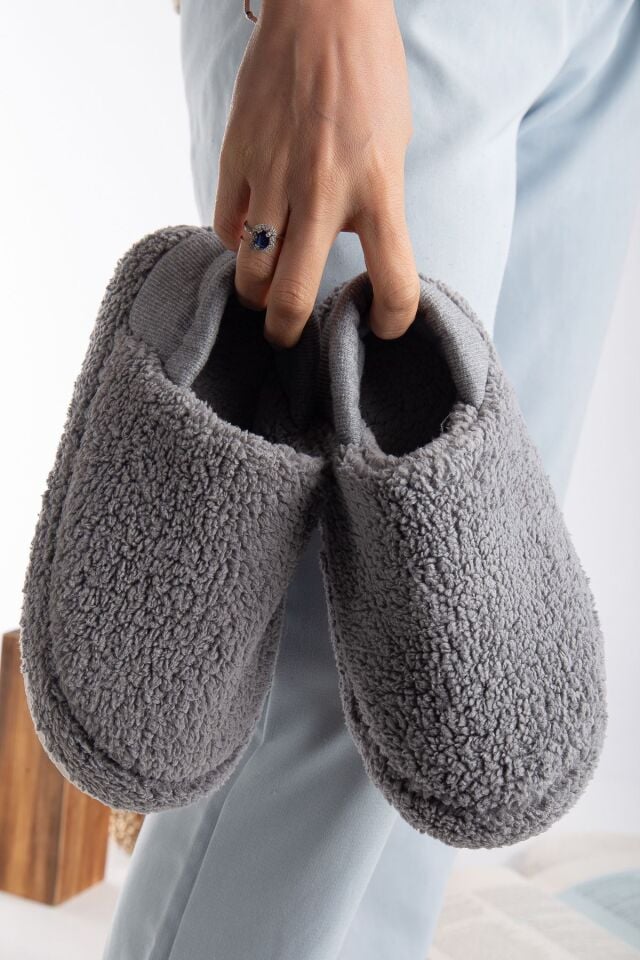 Kuzu Kumaş Yünlü Sessiz Taban Lastikli Kadın Ev Ayakkabısı Ev Botu Panduf GRİ - 38