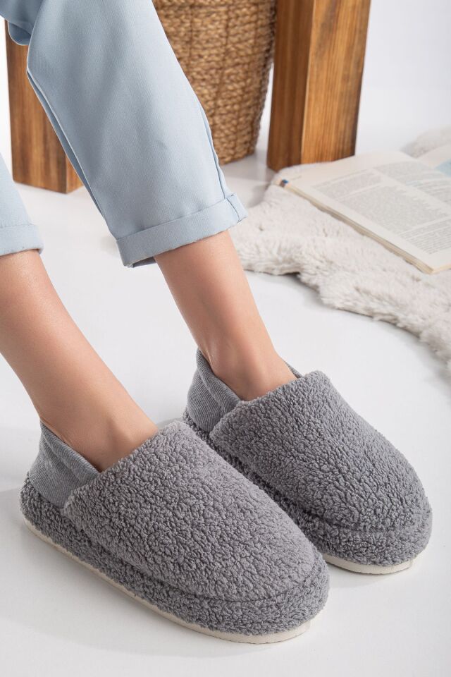 Kuzu Kumaş Yünlü Sessiz Taban Lastikli Kadın Ev Ayakkabısı Ev Botu Panduf GRİ - 38