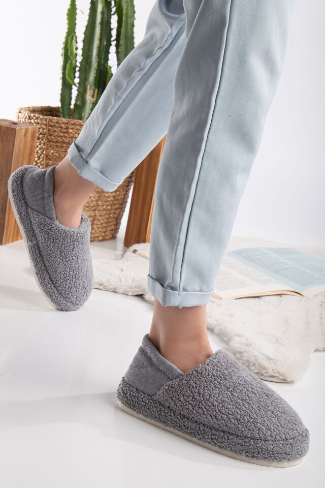 Kuzu Kumaş Yünlü Sessiz Taban Lastikli Kadın Ev Ayakkabısı Ev Botu Panduf GRİ - 38