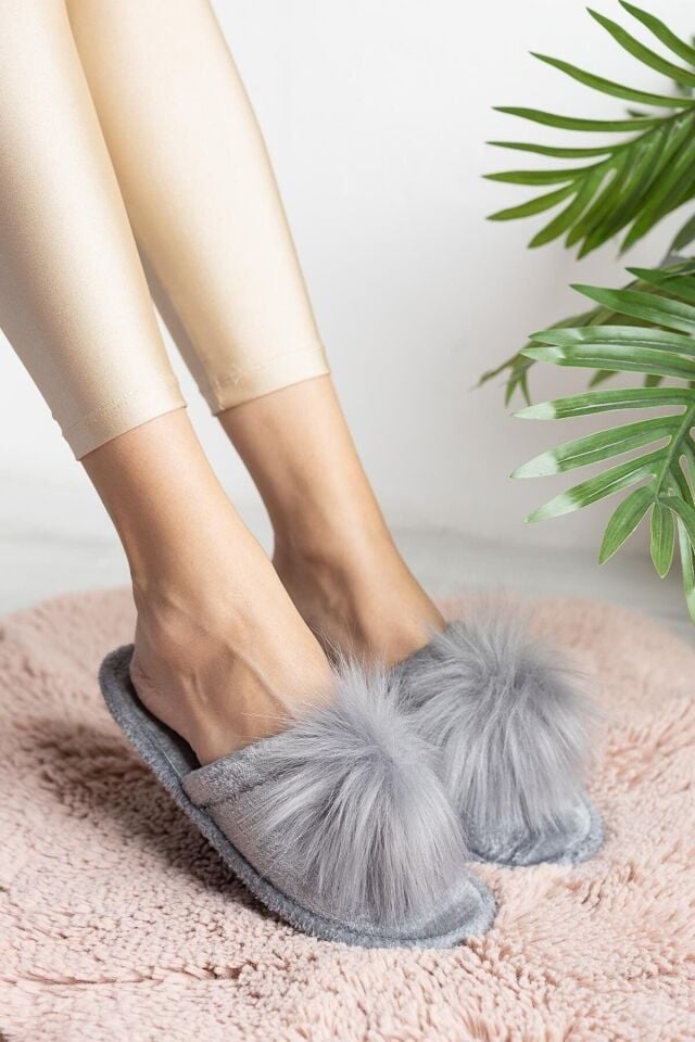 Kadın Ev Terliği Peluş Terlik Çeyiz Terliği Bohça Terliği GRİ - 37