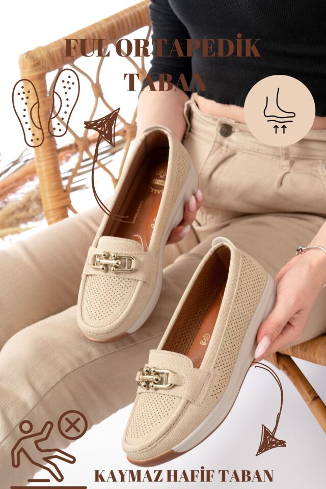 Kadın Anne Ortopedik Terletmez Kaymaz Ayakkabı Babet 262 KREM - 37