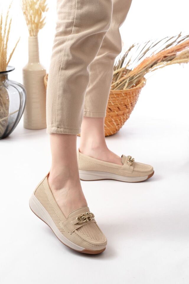 Kadın Anne Ortopedik Terletmez Kaymaz Ayakkabı Babet 262 KREM - 37