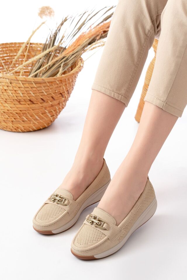 Kadın Anne Ortopedik Terletmez Kaymaz Ayakkabı Babet 262 KREM - 37