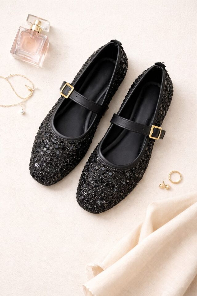 Pullu Simli Payetli Toka Detaylı Kadın Şık Günlük Babet SİYAH TOKALI - 40