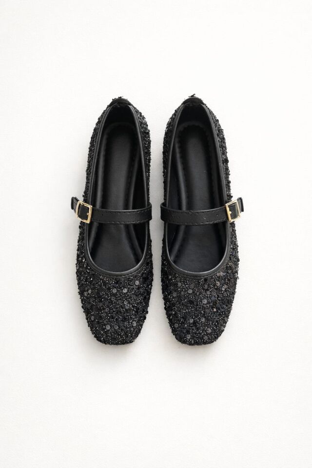 Pullu Simli Payetli Toka Detaylı Kadın Şık Günlük Babet SİYAH TOKALI - 40