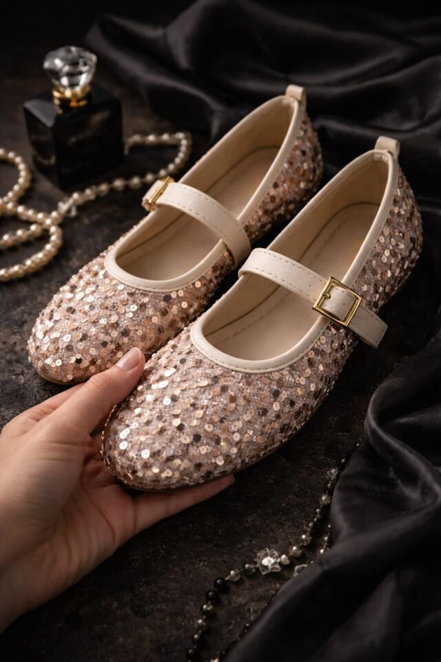 Pullu Simli Payetli Toka Detaylı Kadın Şık Günlük Babet KREM TOKALI - 40