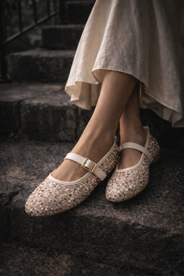 Pullu Simli Payetli Toka Detaylı Kadın Şık Günlük Babet KREM TOKALI - 40