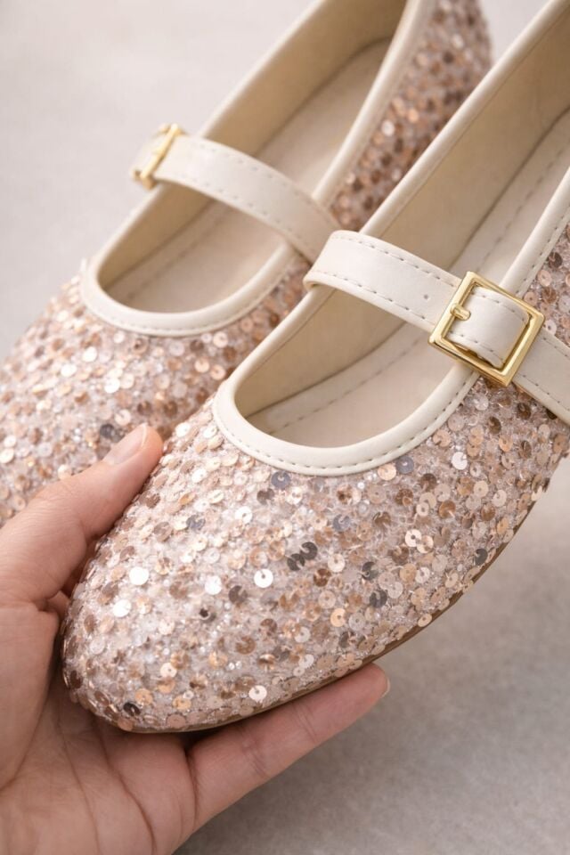 Pullu Simli Payetli Toka Detaylı Kadın Şık Günlük Babet KREM TOKALI - 40