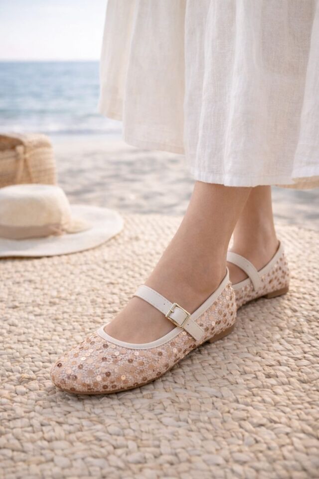 Pullu Simli Payetli Toka Detaylı Kadın Şık Günlük Babet KREM TOKALI - 40