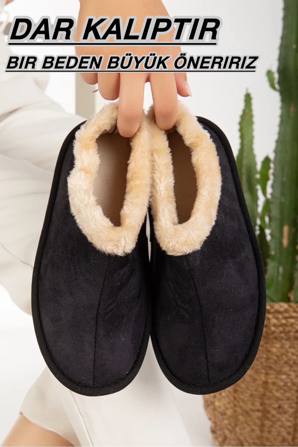 Unisex Peluş Içi Yünlü Kışlık Panduf Ev Pandufu LACİVERT SİYAH - 43