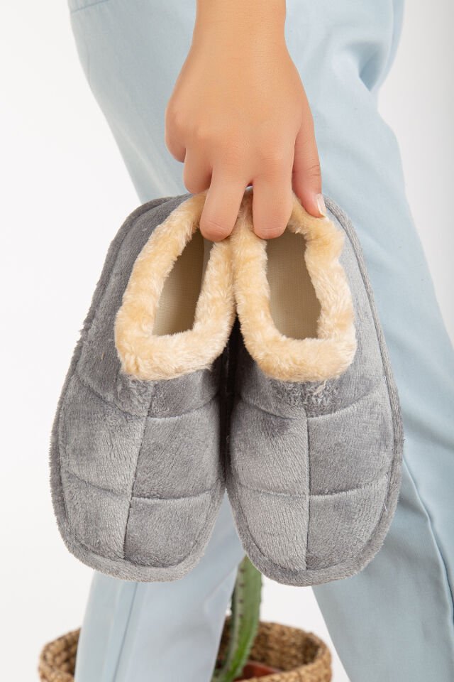 Unisex Peluş Içi Yünlü Kışlık Panduf Ev Pandufu LACİVERT GRİ - 38