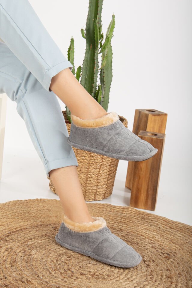 Unisex Peluş Içi Yünlü Kışlık Panduf Ev Pandufu LACİVERT GRİ - 38