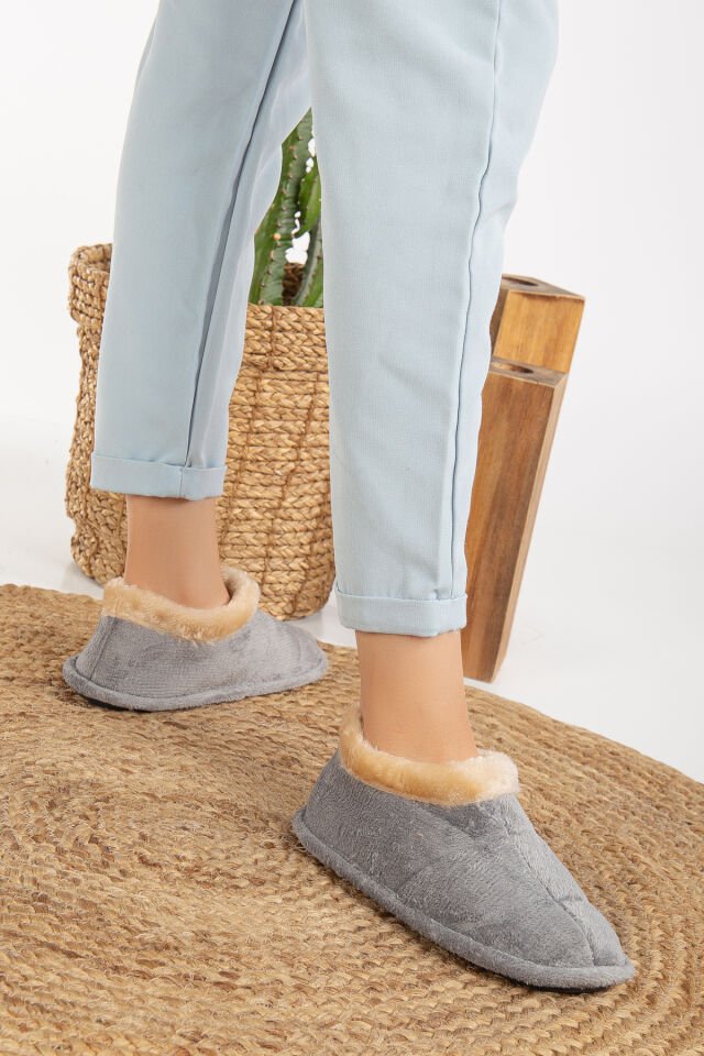 Unisex Peluş Içi Yünlü Kışlık Panduf Ev Pandufu LACİVERT GRİ - 38