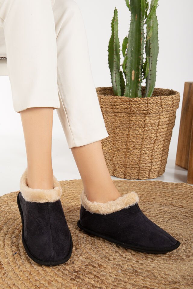 Unisex Peluş Içi Yünlü Kışlık Panduf Ev Pandufu LACİVERT SİYAH - 42