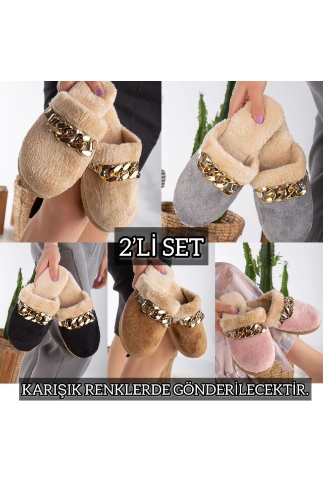 2' Li Paket Önü Kapalı Terlik Ev Terliği Çeyiz Bohça Seti İKİLİ KIŞLIK ROSE ZİNCİR - 40