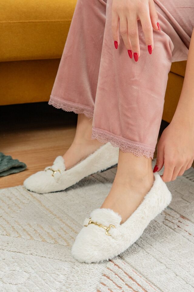 Yumuşak Peluş Kadın Ev Babeti Ses Yapmaz Hafif Taban Panduf Ev Pandufu BEYAZ - 37