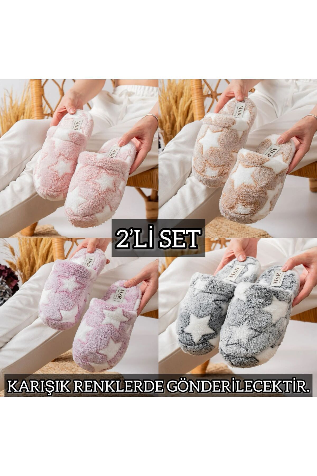 2' Li Paket Önü Kapalı Terlik Ev Terliği Çeyiz Bohça Seti İKİLİ YILDIZ TERLİK - 39