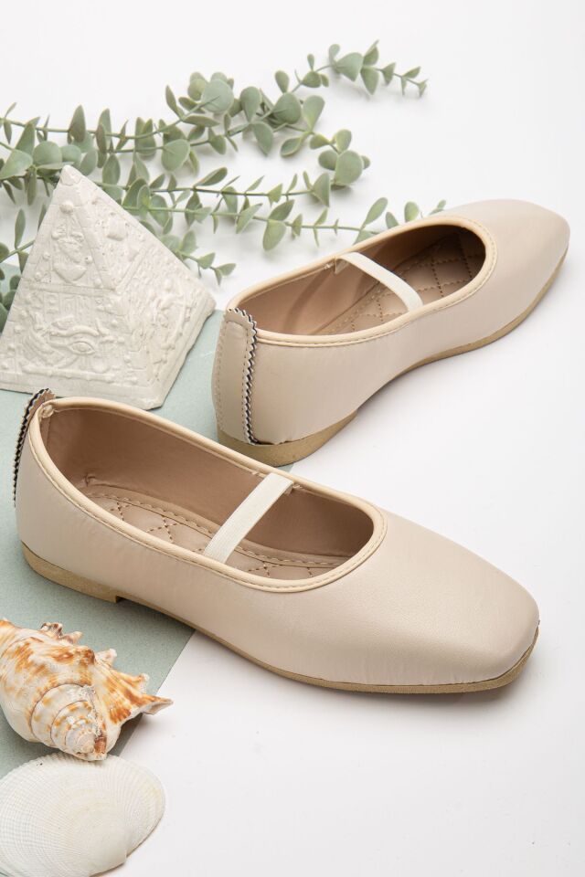 Kadın Günlük Küt Burun Lastikli  Babet Ayakkabı LASTİKLİ DERİ KREM - 39