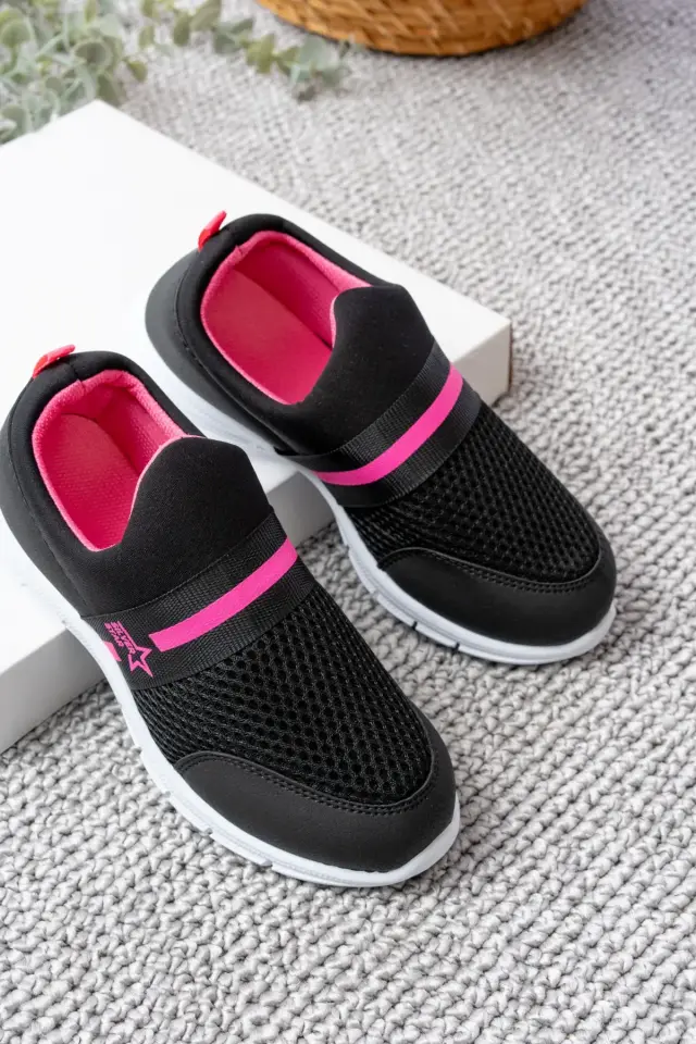 Tedy Garantili Unisex Çocuk Bağcıksız Rahat Esnek Günlük Sneaker Spor Ayakkabı 33 - SİYAH FUŞYA
