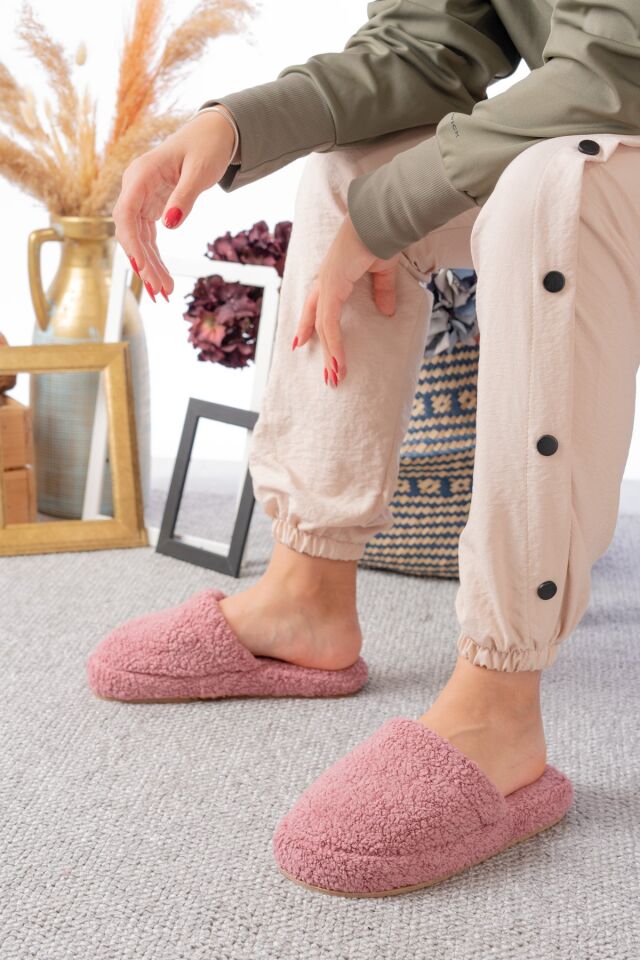 Kuzu Kumaş Yünlü Sessiz Taban Kadın Terlik Kapalı Ev Terliği GÜL KURUSU - 40