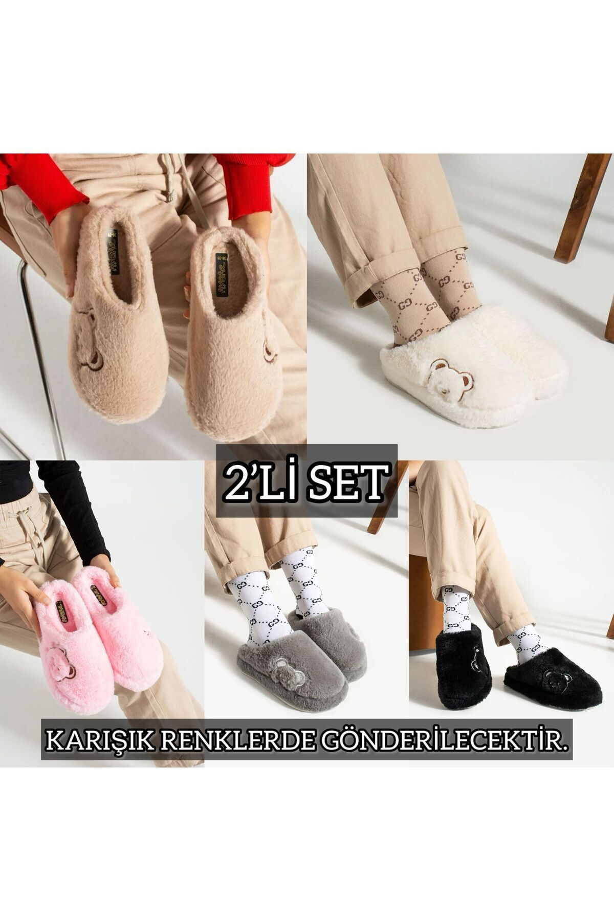 2' Li Paket Önü Kapalı Terlik Ev Terliği Çeyiz Bohça Seti İKİLİ AYICIK TERLİK - 40-41