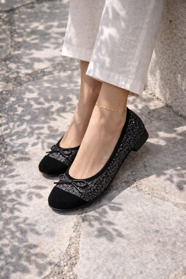 Klasik Şıklık Pullu Simli Babet Ayakkabı Ofis & Günlük Kullanım SİYAH - 40