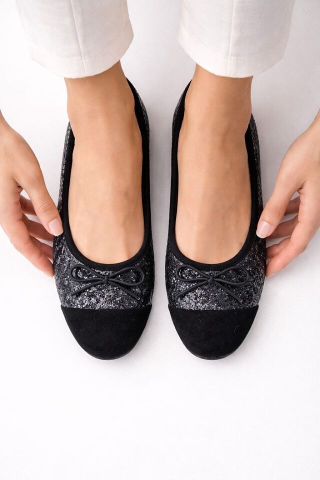 Klasik Şıklık Pullu Simli Babet Ayakkabı Ofis & Günlük Kullanım SİYAH - 40