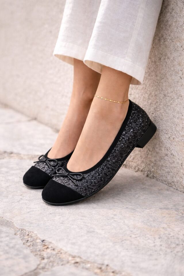 Klasik Şıklık Pullu Simli Babet Ayakkabı Ofis & Günlük Kullanım SİYAH - 40