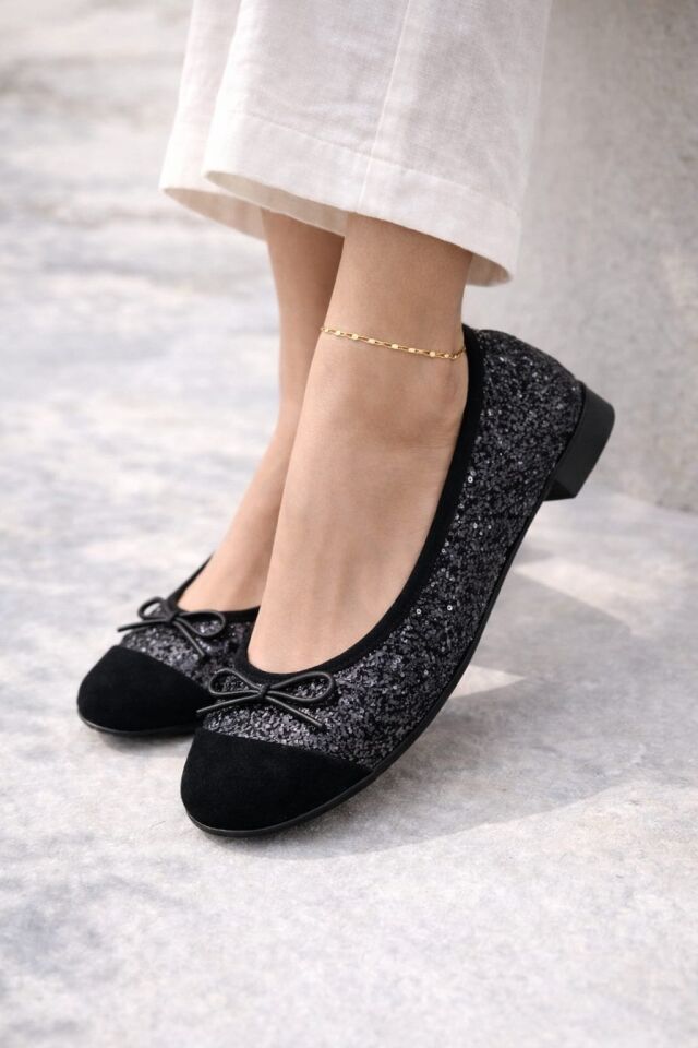 Klasik Şıklık Pullu Simli Babet Ayakkabı Ofis & Günlük Kullanım SİYAH - 40