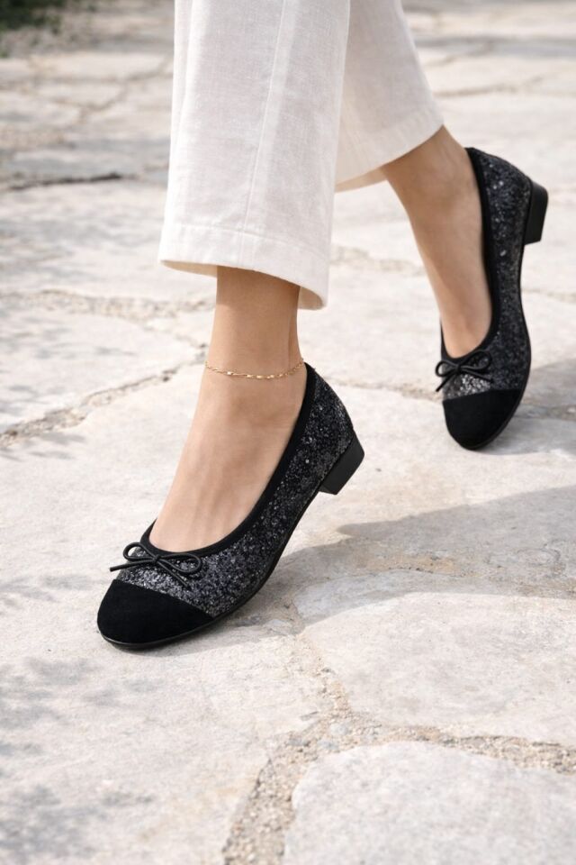 Klasik Şıklık Pullu Simli Babet Ayakkabı Ofis & Günlük Kullanım SİYAH - 40