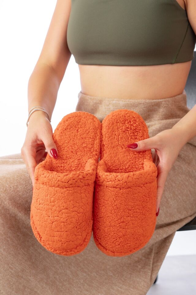 Kuzu Kumaş Yünlü Sessiz Taban Kadın Terlik Kapalı Ev Terliği TURUNCU - 38
