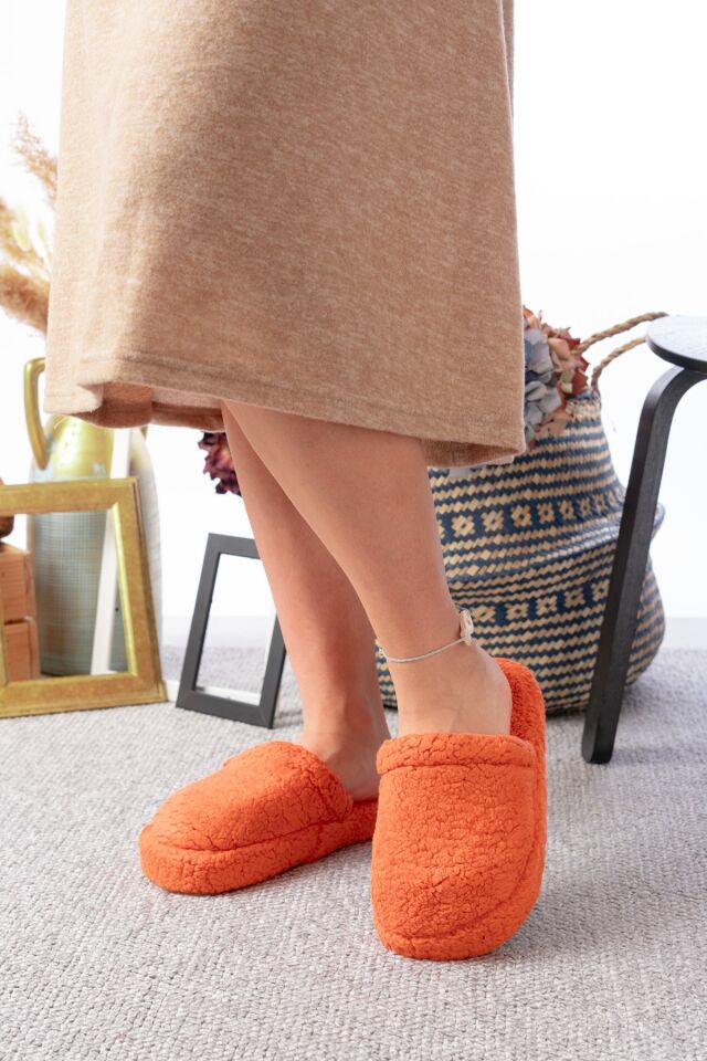 Kuzu Kumaş Yünlü Sessiz Taban Kadın Terlik Kapalı Ev Terliği TURUNCU - 37