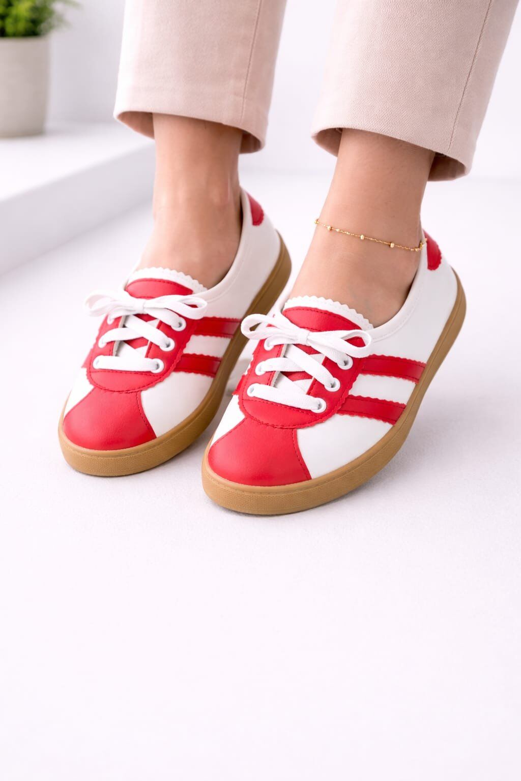 Kadın Spor Bağcıklı Günlük Rahat Retro Çizgili Babet Ayakkabı KIRMIZI - 40