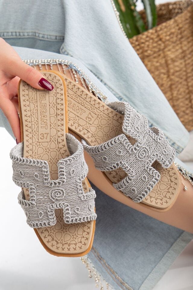 Kadın Örgülü Desenli Hasırlı Terlik GRİ - 39