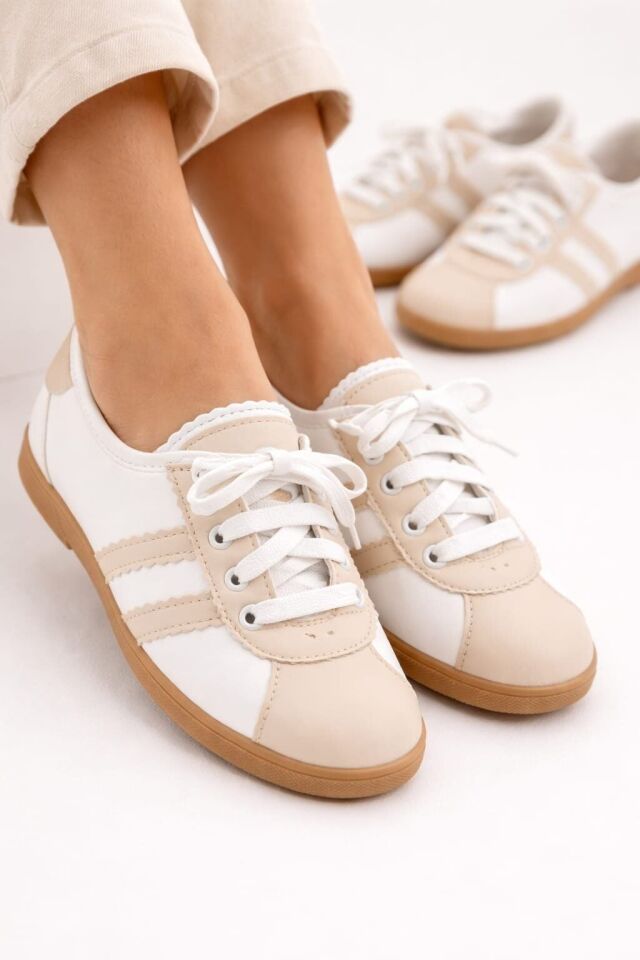 Kadın Spor Bağcıklı Günlük Rahat Retro Çizgili Babet Ayakkabı KREM - 40