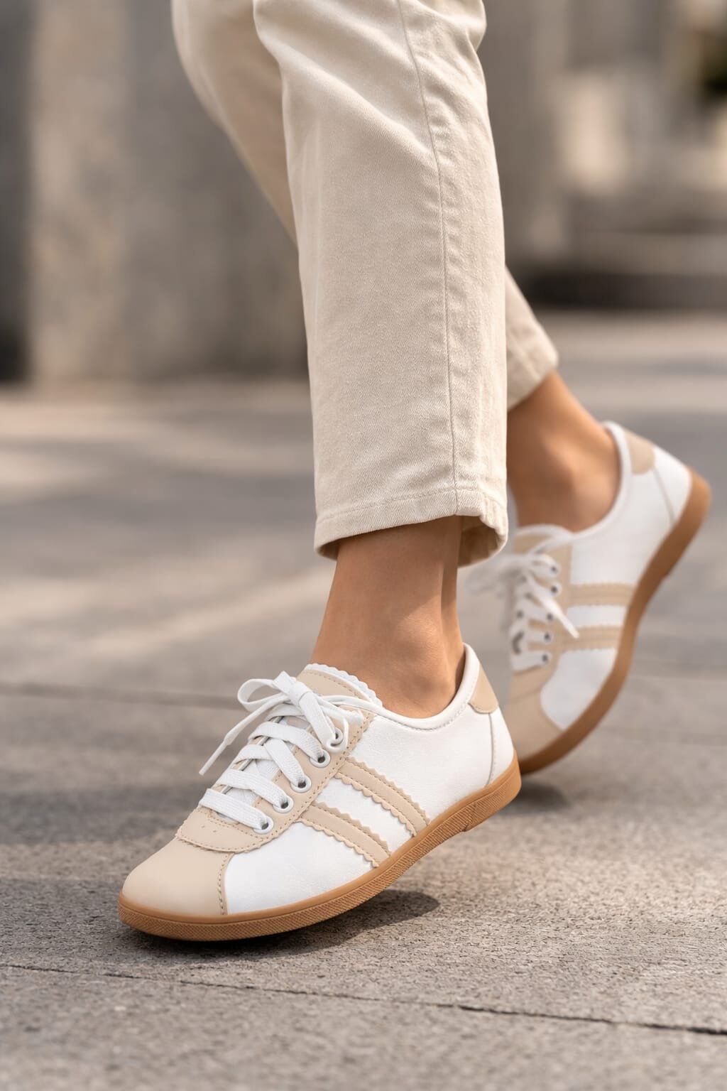 Kadın Spor Bağcıklı Günlük Rahat Retro Çizgili Babet Ayakkabı KREM - 40