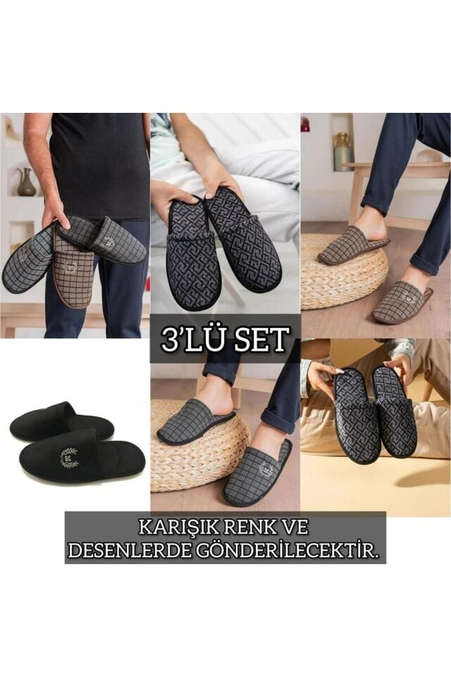 3'lü Kışlık Ev Terliği Kışlık Deri Terlik Misafir Terliği Çeyiz Bohça Terliği BAY SPECİAL - 43