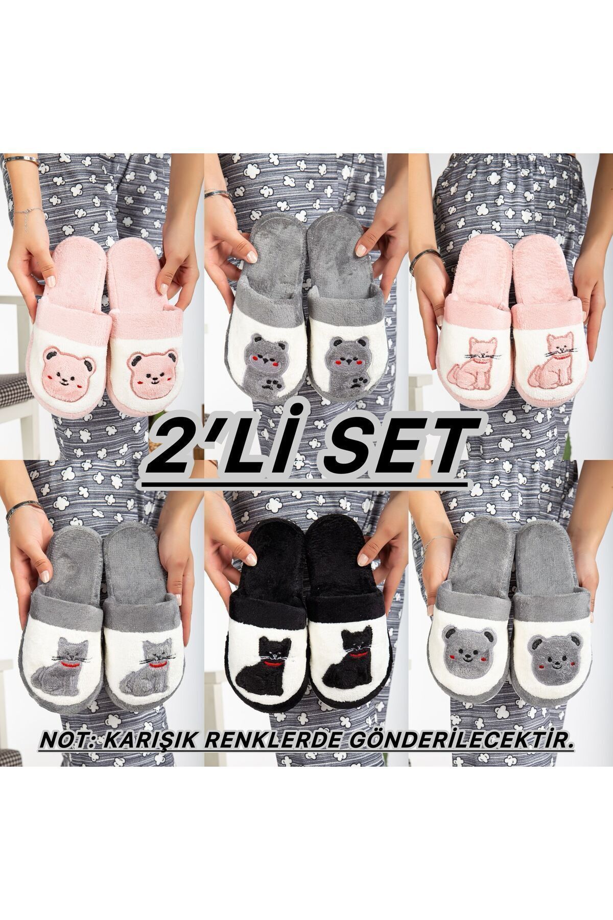 2' Li Paket Önü Kapalı Terlik Ev Terliği Çeyiz Bohça Seti İKİLİ KEDİ TERLİK - 37