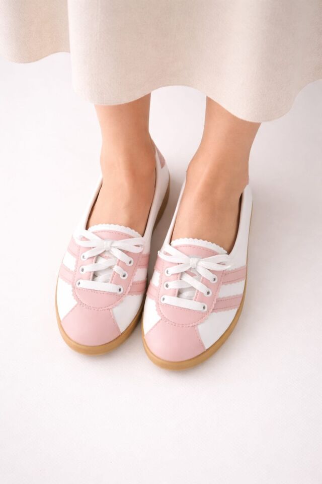 Kadın Spor Bağcıklı Günlük Rahat Retro Çizgili Babet Ayakkabı PUDRA - 40