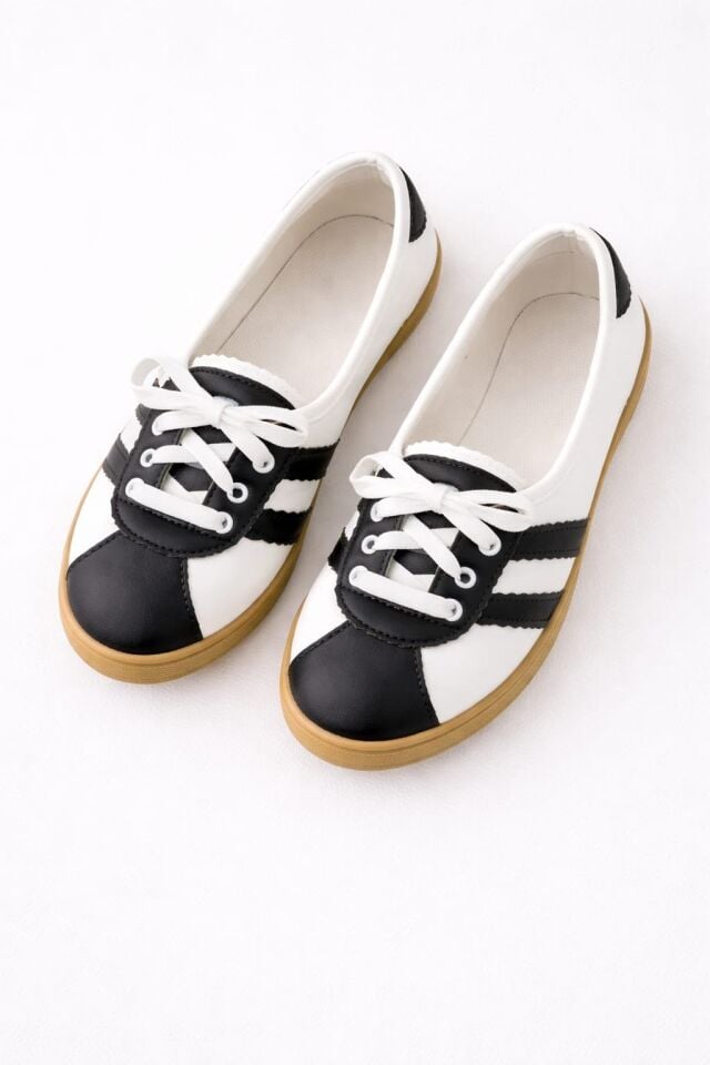 Kadın Spor Bağcıklı Günlük Rahat Retro Çizgili Babet Ayakkabı SİYAH - 40