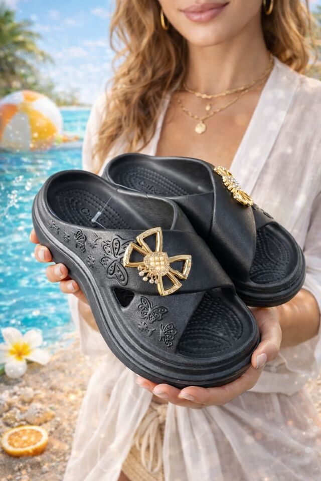 Calx Yüksek Topuluklu Kelebek Detaylı Kadın Terlik SİYAH - 40