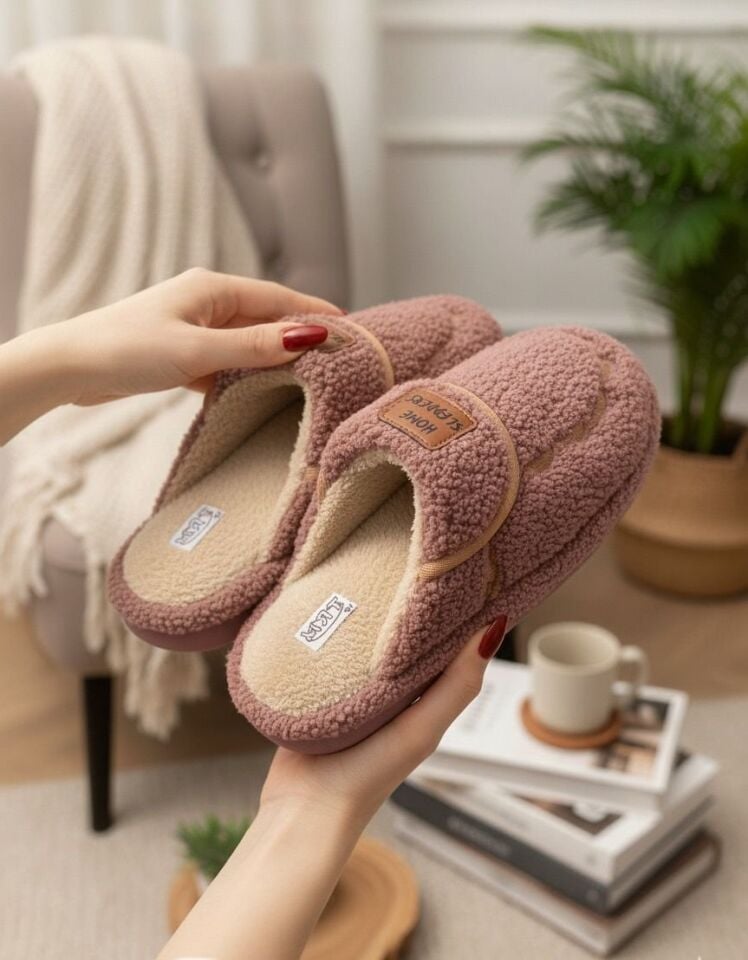 Kadın Desenli Peluş Kaymaz Hafif Tabanlı Tüylü Terlik  Ev Terliği