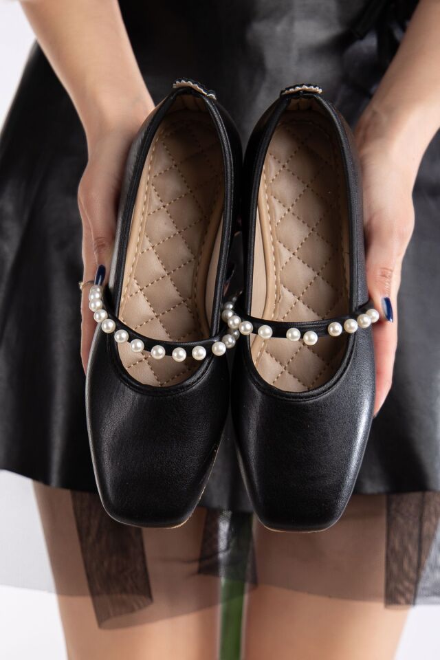 Kadın Siyah Cilt İncili Babet Ev ve Dış Mekan Ayakkabısı İNCİLİ DERİ SİYAH - 36