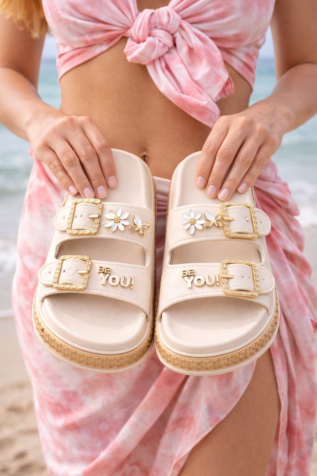 Pastel Gold Altın Toka Detaylı Yüksek Taban Kadın Terlik Plaj Kumsal Havuz Terlik EKRU - 40