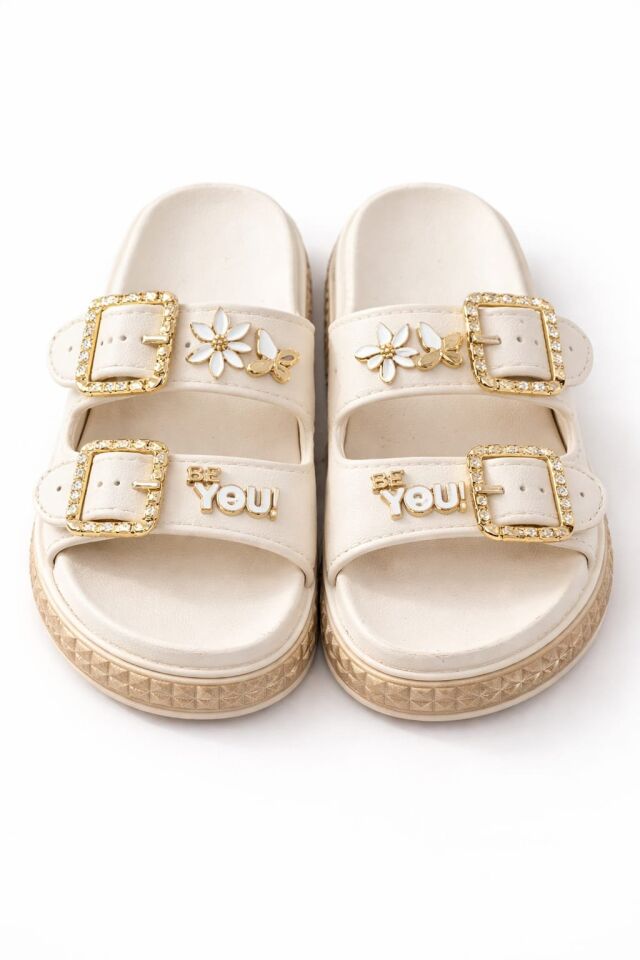 Pastel Gold Altın Toka Detaylı Yüksek Taban Kadın Terlik Plaj Kumsal Havuz Terlik EKRU - 40