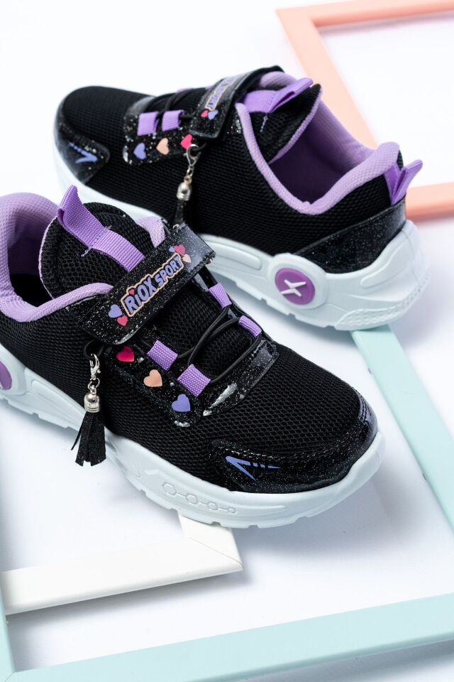 Unisex Çocuk Sneaker Ortopedik Taban Anorak File Hava Alır Günlük Rahat Hafif Esnek Spor Ayakkabı SİYAH-LİLA - 35