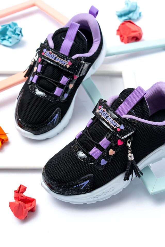 Unisex Çocuk Sneaker Ortopedik Taban Anorak File Hava Alır Günlük Rahat Hafif Esnek Spor Ayakkabı SİYAH-LİLA - 35
