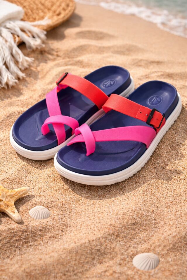 Kadın Rengarenk Kaydırmaz Taban Esnek ve Rahat Plaj Havuz Deniz Ev Bahçe Parmak Arası Terlik LACİVERT - 40