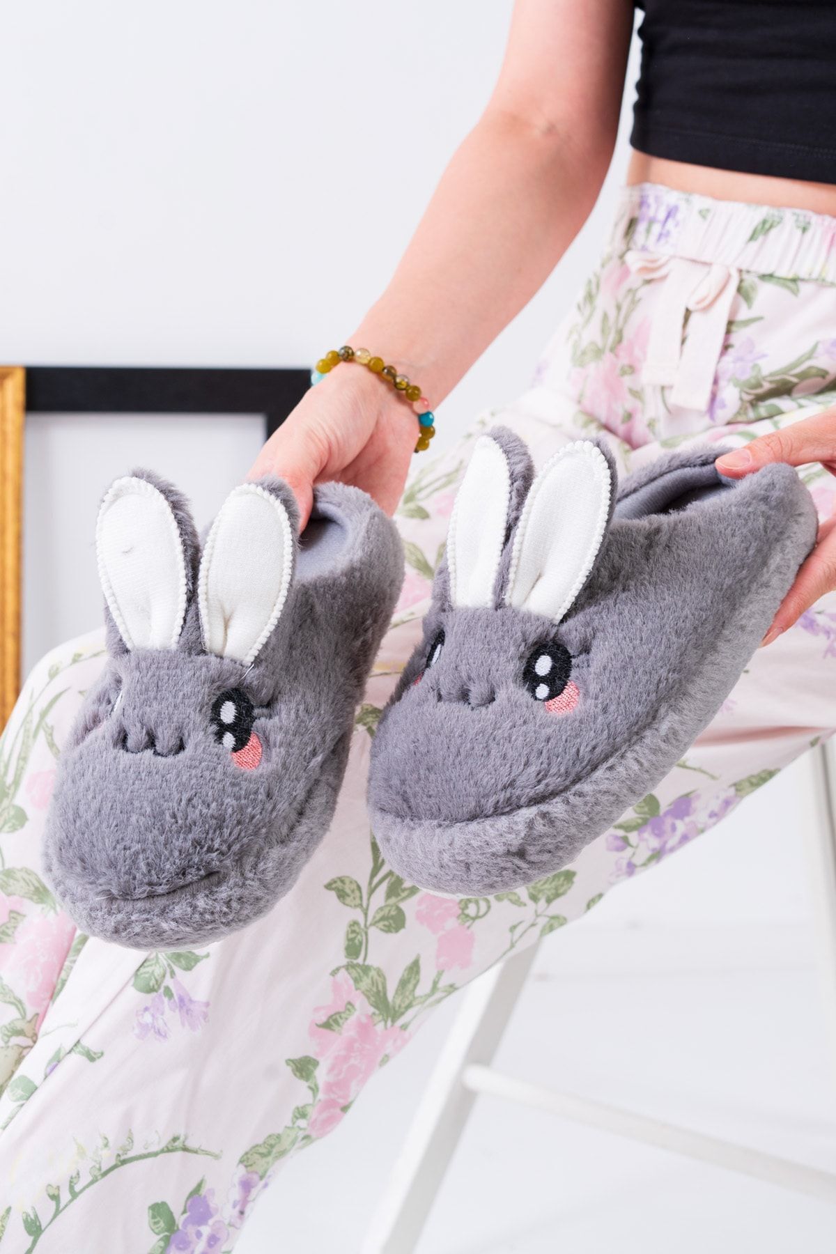 Pofuduk Hayvan Figürlü Panduf Kadın Ev Terliği Bohça Terliği Misafir Terliği GRİ - 40-41