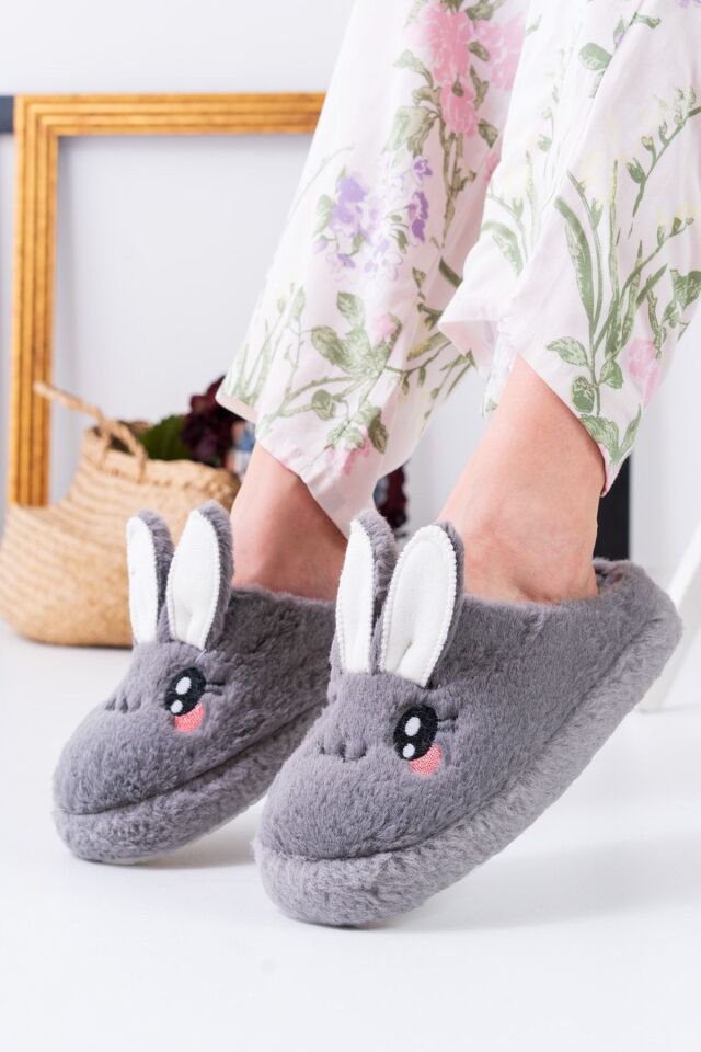 Pofuduk Hayvan Figürlü Panduf Kadın Ev Terliği Bohça Terliği Misafir Terliği GRİ - 40-41